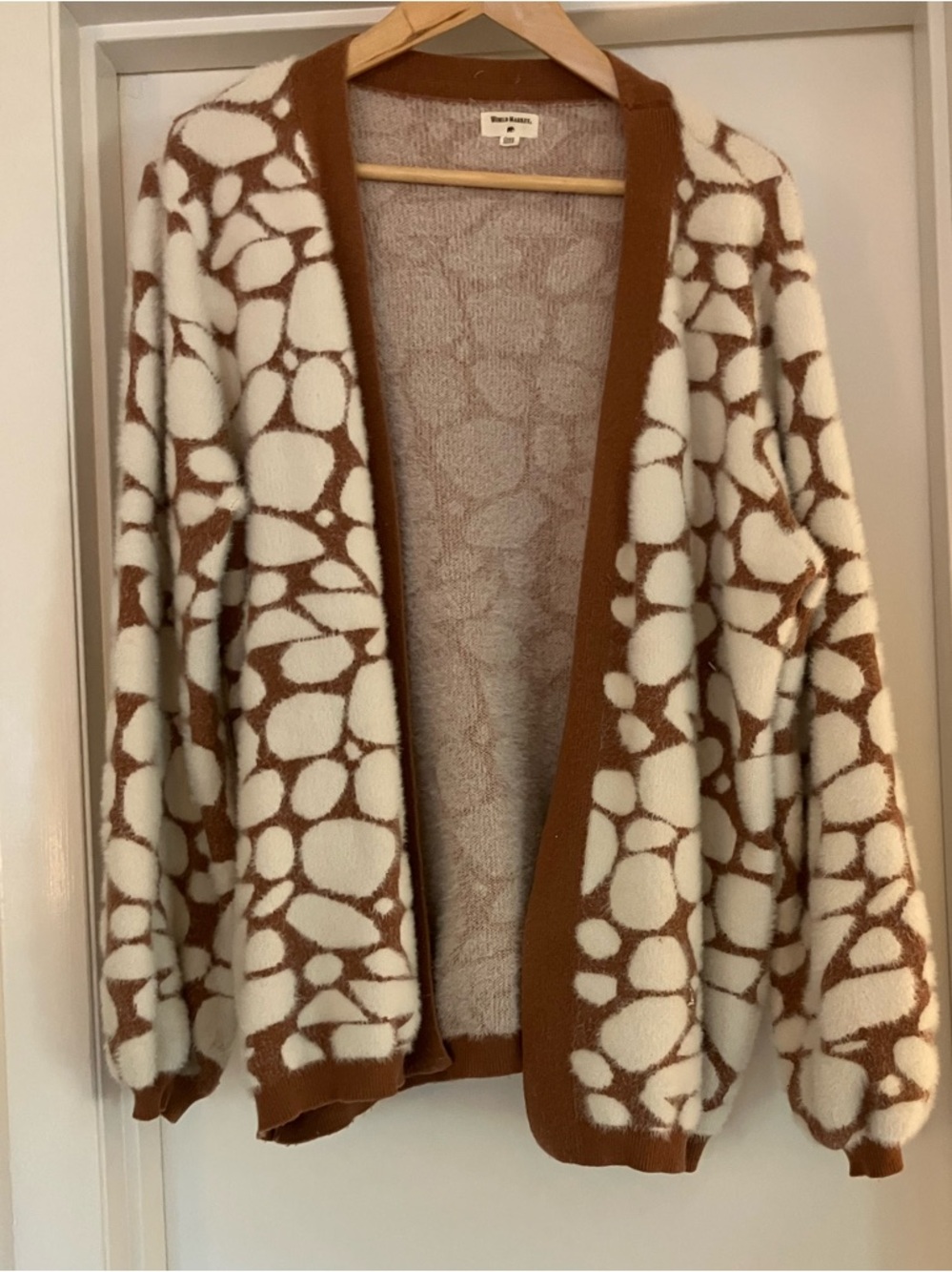 World Market Oversized Pebble Print Cardigan, Light Brown and White
